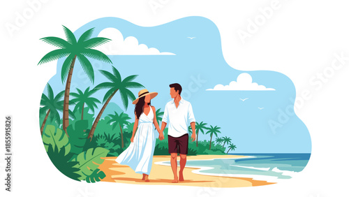 Modern vector illustration of couple walking along tropical shoreline with palm trees and waves, romantic vacation scene, ideal for travel and lifestyle designs