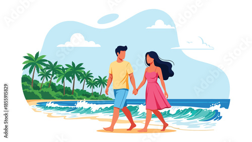 Modern vector illustration of couple walking along tropical shoreline with palm trees and waves, romantic vacation scene, ideal for travel and lifestyle designs