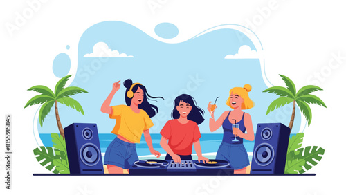 Modern vector illustration of friends enjoying tropical beach party with music and palm trees, fun summer vacation scene, ideal for travel promotions