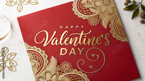 A luxurious and romantic overhead view featuring the text 'Valentine's Day' written in elegant script over a rich red textured background. The corners are adorned with intricate gold and beige lace pa