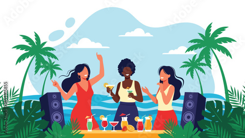 Modern vector illustration of friends enjoying tropical beach party with music and palm trees, fun summer vacation scene, ideal for travel promotions