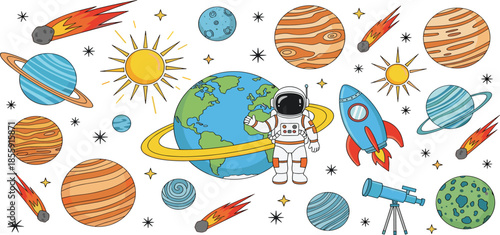 Colorful cartoon space illustration with astronaut Earth planets rocket comets and stars playful solar system design for kids education