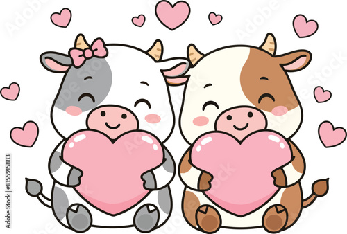 Cute Valentine Cow Couple Holding Hearts Kawaii Love Vector Illustration.