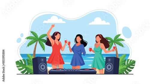 Modern vector illustration of friends enjoying tropical beach party with music and palm trees, fun summer vacation scene, ideal for travel promotions