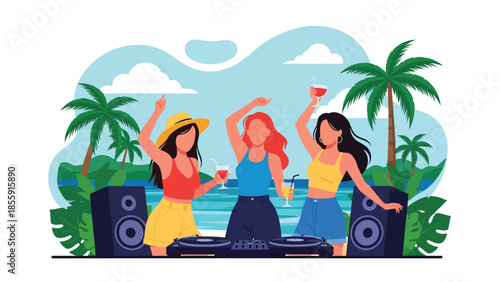 Modern vector illustration of friends enjoying tropical beach party with music and palm trees, fun summer vacation scene, ideal for travel promotions
