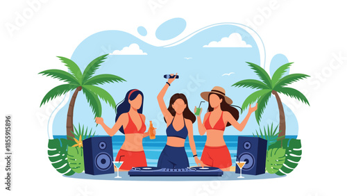 Modern vector illustration of friends enjoying tropical beach party with music and palm trees, fun summer vacation scene, ideal for travel promotions