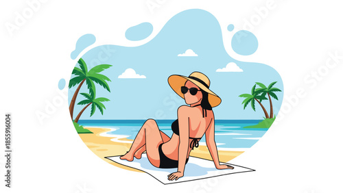 Modern vector illustration of woman sunbathing on tropical beach with ocean and palm trees, summer holiday relaxation scene, ideal for travel visuals