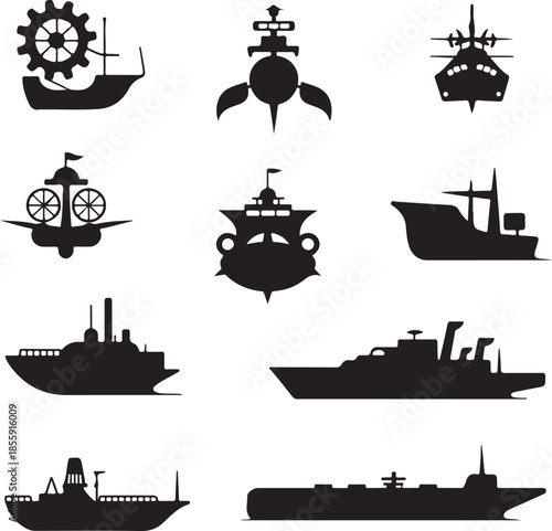 Collection of various ships and submarines in silhouette style