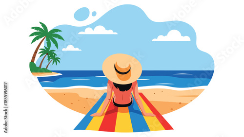 Modern vector illustration of woman sunbathing on tropical beach with ocean and palm trees, summer holiday relaxation scene, ideal for travel visuals