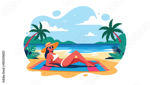 Modern vector illustration of woman sunbathing on tropical beach with ocean and palm trees, summer holiday relaxation scene, ideal for travel visuals