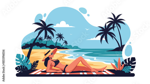 Modern vector illustration of woman sunbathing on tropical beach with ocean and palm trees, summer holiday relaxation scene, ideal for travel visuals