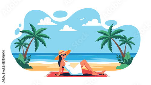 Modern vector illustration of woman sunbathing on tropical beach with ocean and palm trees, summer holiday relaxation scene, ideal for travel visuals