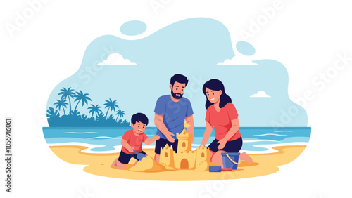 Modern vector illustration of family building sandcastle on tropical beach with palm trees, joyful summer vacation scene, ideal for family travel content