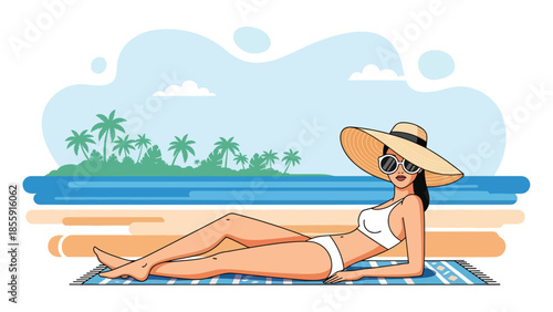 Modern vector illustration of woman sunbathing on tropical beach with ocean and palm trees, summer holiday relaxation scene, ideal for travel visuals