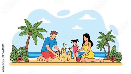 Modern vector illustration of family building sandcastle on tropical beach with palm trees, joyful summer vacation scene, ideal for family travel content