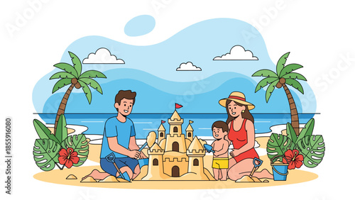 Modern vector illustration of family building sandcastle on tropical beach with palm trees, joyful summer vacation scene, ideal for family travel content
