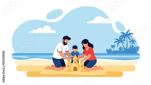 Modern vector illustration of family building sandcastle on tropical beach with palm trees, joyful summer vacation scene, ideal for family travel content