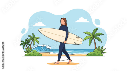 Modern vector illustration of surfer carrying surfboard on tropical beach with waves and palm trees, active summer lifestyle scene, ideal for sports travel