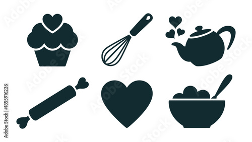 Culinary Delights: Whisk, Teapot, rolling pin, Cupcake, heart and bowl with spoon silhouettes representing the elements of cooking, baking and preparing delicacies.