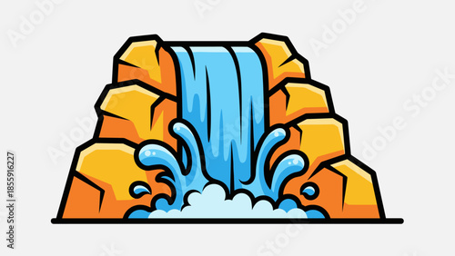 Cartoon Waterfall Cascading Down Rocky Cliffs with Splashing Water.