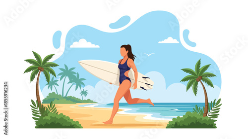 Modern vector illustration of surfer carrying surfboard on tropical beach with waves and palm trees, active summer lifestyle scene, ideal for sports travel