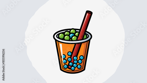Cartoon Boba Tea Illustration with Colorful Pearls and Straw.