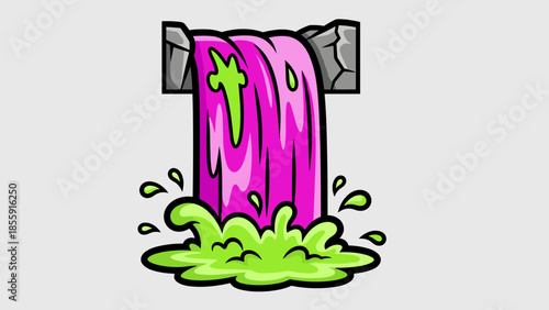 Cartoon illustration of a toxic waterfall with pink liquid and green slime.