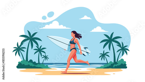 Modern vector illustration of surfer carrying surfboard on tropical beach with waves and palm trees, active summer lifestyle scene, ideal for sports travel