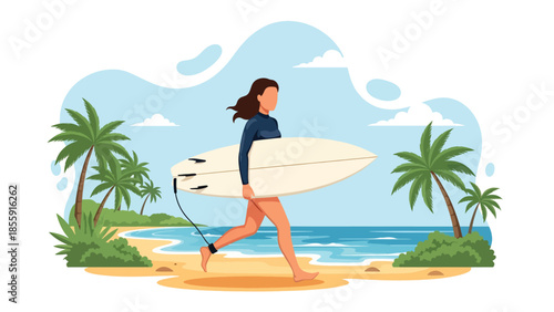 Modern vector illustration of surfer carrying surfboard on tropical beach with waves and palm trees, active summer lifestyle scene, ideal for sports travel