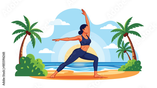 Modern vector illustration of woman practicing yoga on tropical beach at sunrise, calm wellness vacation scene, ideal for health and travel visuals