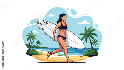 Modern vector illustration of surfer carrying surfboard on tropical beach with waves and palm trees, active summer lifestyle scene, ideal for sports travel