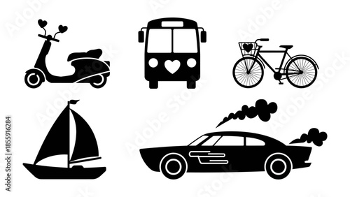 Variety of Transport Vehicles Illustration: A collection of various transport vehicles including a scooter, bus, bicycle, sailboat, and car, presented as silhouettes for versatile design use.