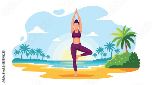 Modern vector illustration of woman practicing yoga on tropical beach at sunrise, calm wellness vacation scene, ideal for health and travel visuals