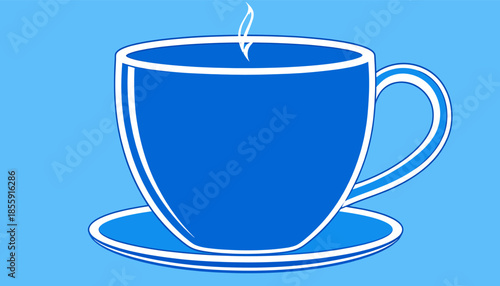Blue cup of hot drink with steam on a saucer.