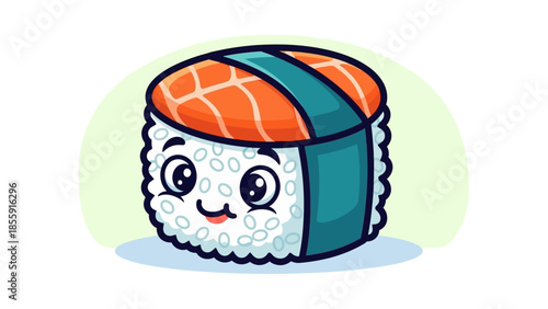 Cute Sushi Character with Salmon Topping and Smiling Face.