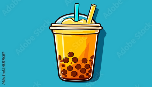 Illustration of a refreshing boba tea drink with tapioca pearls.