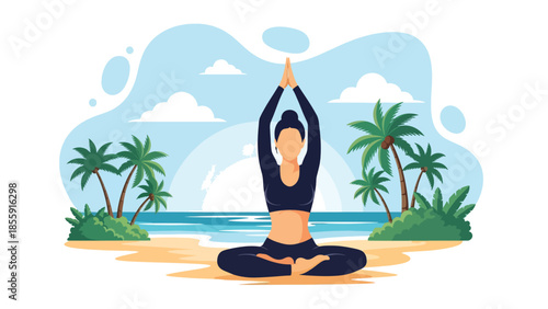 Modern vector illustration of woman practicing yoga on tropical beach at sunrise, calm wellness vacation scene, ideal for health and travel visuals