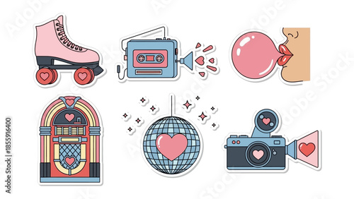 Retro Delights: A collection of vintage-inspired icons showcases nostalgia with a roller skate, a cassette player, bubblegum, jukebox, a disco ball, and a camera, offering a glimpse into the past.