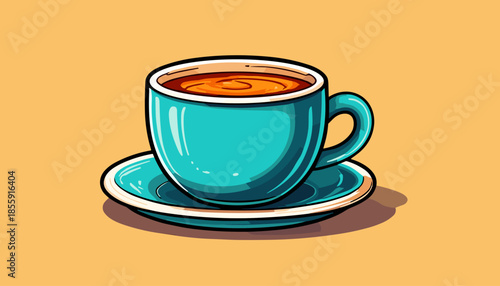 A vibrant teal cup of coffee on a matching saucer.