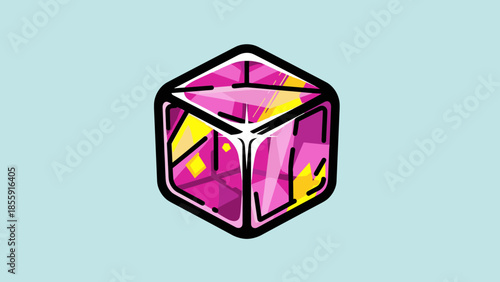 Stylized Cube with Pink and Yellow Facets on Light Blue.