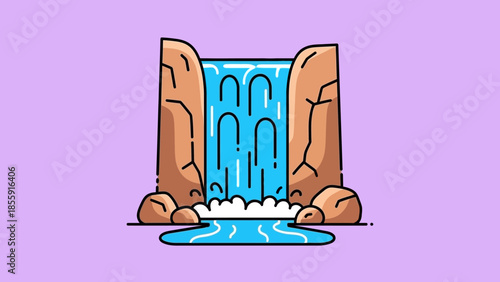 Cartoon Waterfall Scene with Rocks and Blue Water.