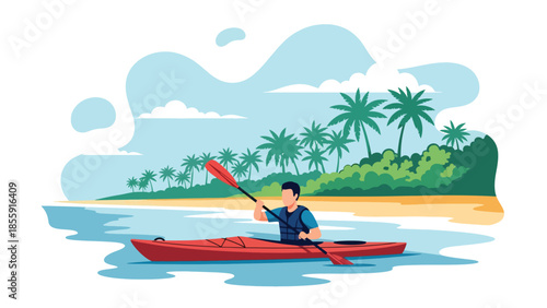 Modern vector illustration of people kayaking on calm tropical sea with islands in background, outdoor adventure vacation scene, ideal for travel visuals