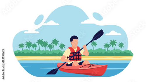 Modern vector illustration of people kayaking on calm tropical sea with islands in background, outdoor adventure vacation scene, ideal for travel visuals