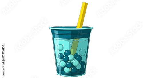 Refreshing Bubble Tea with Tapioca Pearls and Yellow Straw.