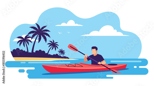 Modern vector illustration of people kayaking on calm tropical sea with islands in background, outdoor adventure vacation scene, ideal for travel visuals