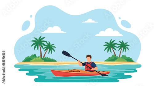 Modern vector illustration of people kayaking on calm tropical sea with islands in background, outdoor adventure vacation scene, ideal for travel visuals