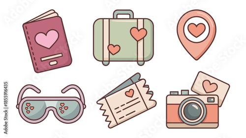Travel and Love Icons: A charming collection of travel essentials is artfully arranged, each adorned with delicate heart motifs, symbolizing the joy and romance of journeys and experiences.