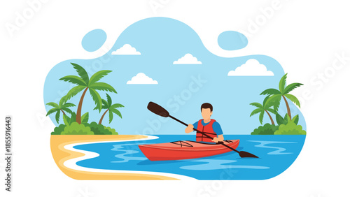 Modern vector illustration of people kayaking on calm tropical sea with islands in background, outdoor adventure vacation scene, ideal for travel visuals