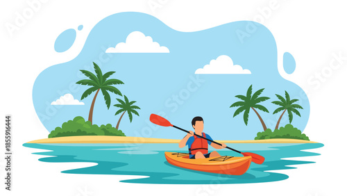 Modern vector illustration of people kayaking on calm tropical sea with islands in background, outdoor adventure vacation scene, ideal for travel visuals