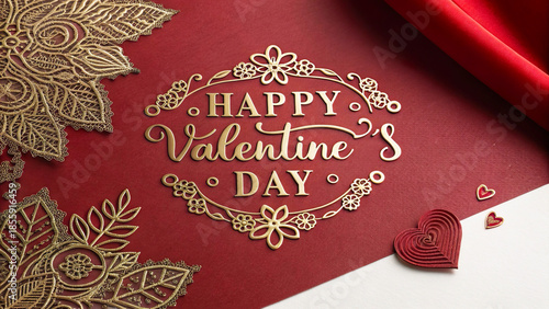 A luxurious and romantic overhead view featuring the text 'Valentine's Day' written in elegant script over a rich red textured background. The corners are adorned with intricate gold and beige lace pa